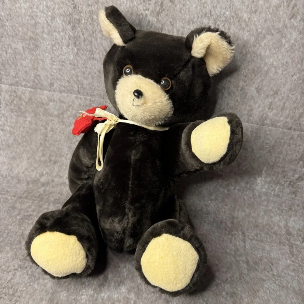 Vintage Teddy Bear Black Tan Jointed Articulated Arms Legs Felt Heart
